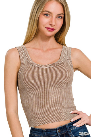 Stone Washed Ribbed Seamless Tank Top with Bra Pads