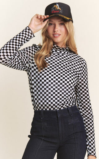 Long Sleeve Checkered Mesh Mock Neck Top