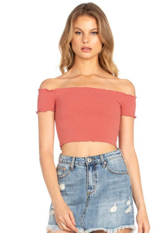 Off Shoulder Ribbed Knit Crop Top