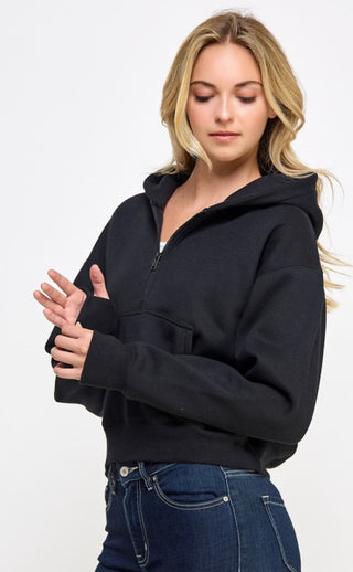 Fleece Half Zip Up Hoodie with Thumbholes