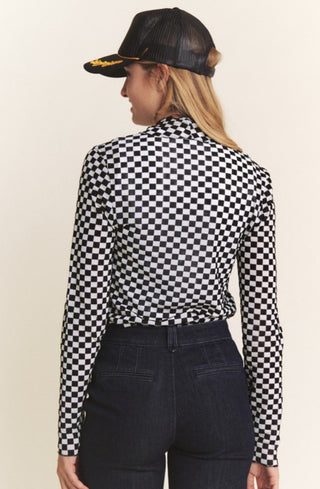 Long Sleeve Checkered Mesh Mock Neck Top