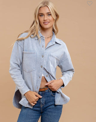 Washed Chambray Collared Button Down Shacket