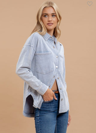 Washed Chambray Collared Button Down Shacket