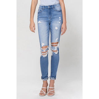 High Rise Single Cuff Destroyed Skinny Jeans