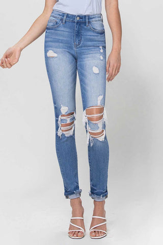 High Rise Single Cuff Destroyed Skinny Jeans