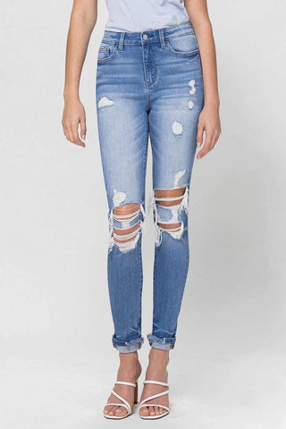 High Rise Single Cuff Destroyed Skinny Jeans