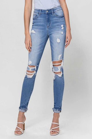 High Rise Single Cuff Destroyed Skinny Jeans