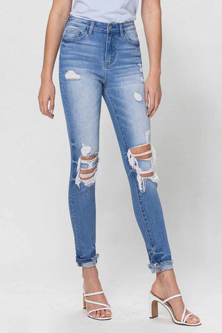 High Rise Single Cuff Destroyed Skinny Jeans