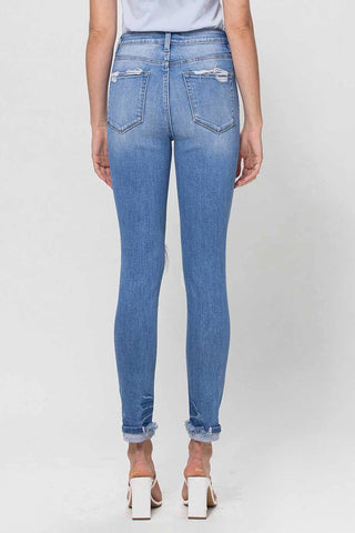 High Rise Single Cuff Destroyed Skinny Jeans