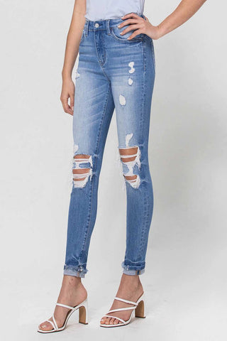 High Rise Single Cuff Destroyed Skinny Jeans