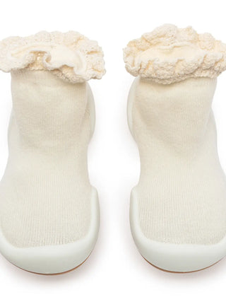 Komuello First Walker Baby Sock Shoes-Lace Trim in Off White