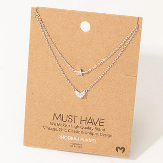 Layered Chain Pave Heart Star Necklace in Silver