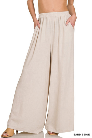 Woven Pleated Linen Wide Leg Pants