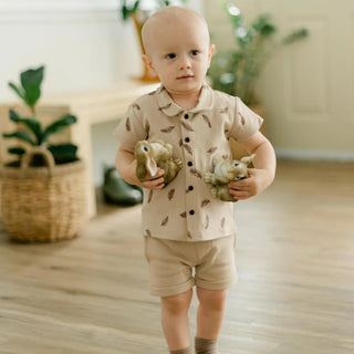 Organic Kids' Printed Button-Up Shirt in Oatmeal Feather