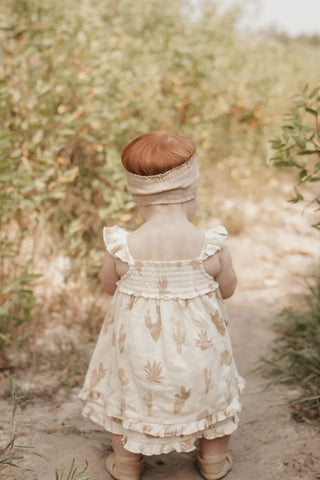 Organic Printed Smocked Summer Dress in Buttercream Cactus